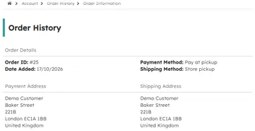 Your order: the module's shipping and payment methods ("Store pickup", "Pay at pickup") (storefront)