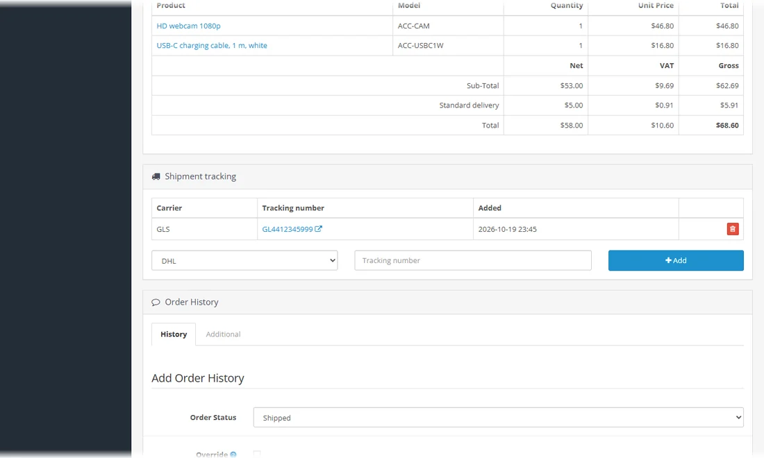An order with carrier, tracking number and parcel link