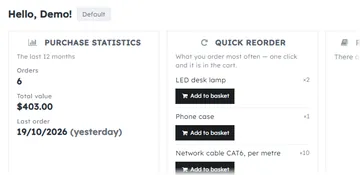 Your account: the card dashboard (signed in as the demo customer) (with the module)