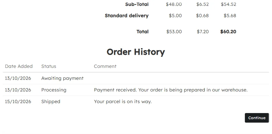 Your order: the status history with a text for every status