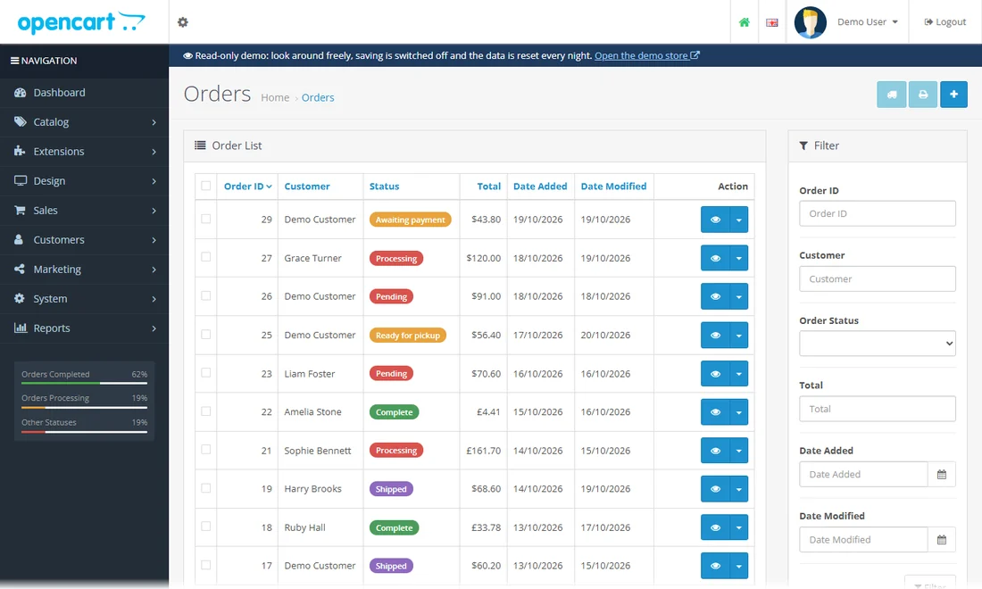 Order list with the module's status colours