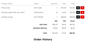 Your order: Net / VAT / Gross columns (storefront)