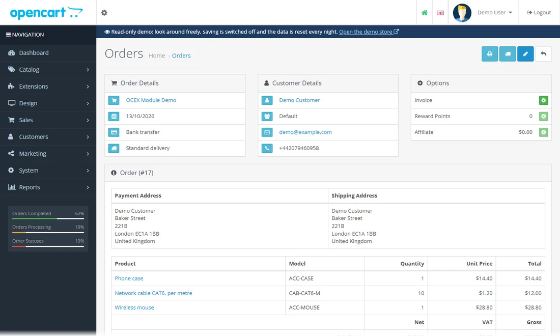 The same split in the admin order view