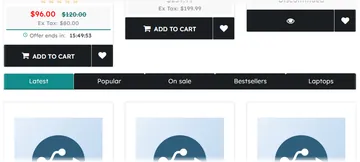 Home page: the "Demo product tabs" box below the featured products (storefront)