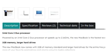 MacBook: the tabs "Technical data" and "In the box" (with the module)