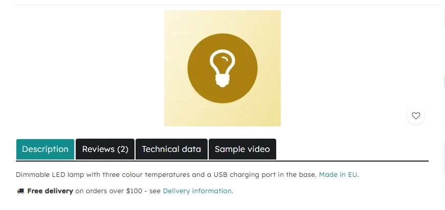 LED desk lamp: a "Sample video" tab (the player loads on click)