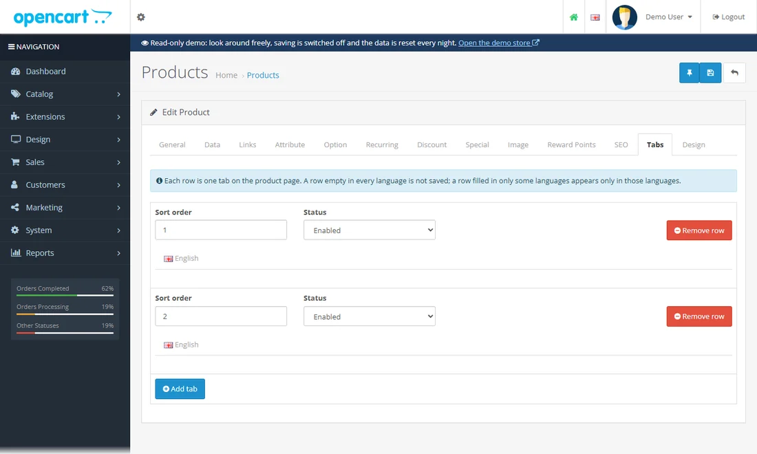 The product form has its own Tabs page