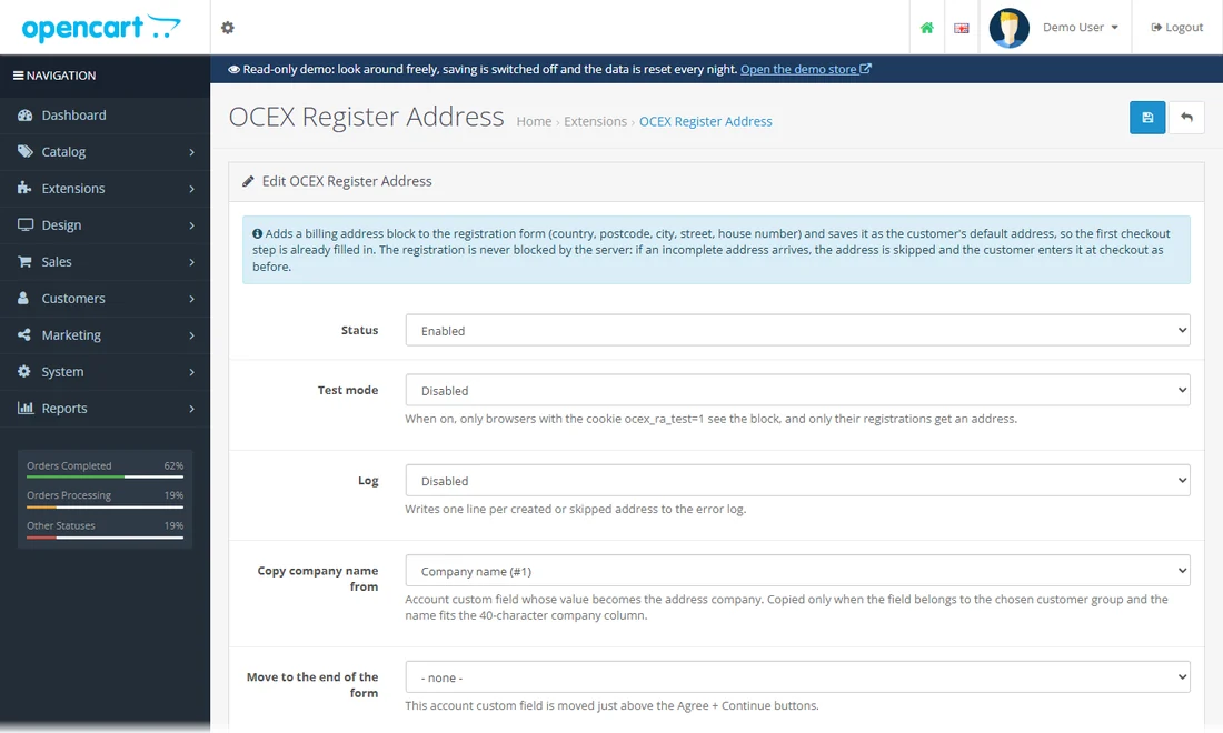 Register Address: the settings page in the admin