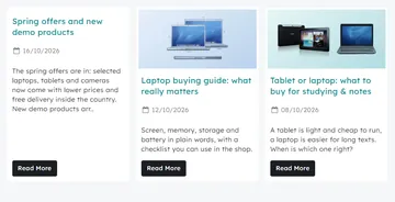 Home page: the featured articles + help menu row and the tinted brand band (storefront)