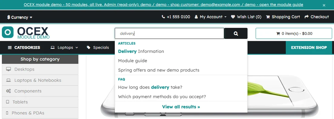 The same dropdown also finds FAQ answers: "delivery" (JSON)