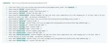 Product page: Open Graph tags in the page source (storefront)