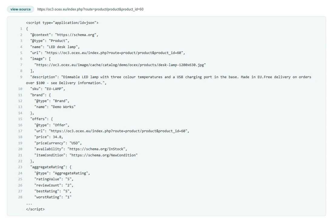 Product page: JSON-LD structured data in the page source