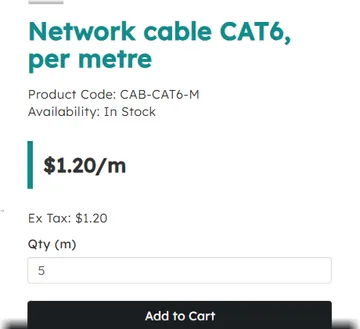 Network cable CAT6: "$1.20/m" and the quantity label "Qty (m)" (with the module)