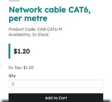 Network cable CAT6: "$1.20/m" and the quantity label "Qty (m)" (without the module)