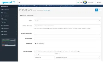PHPList Sync: the settings page in the admin (storefront)