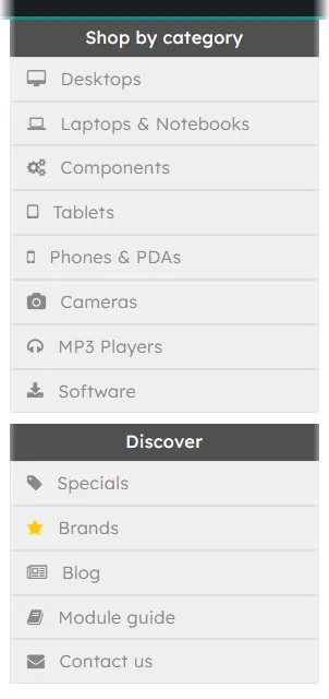 Home page: the left-column menu with the category tree (storefront)